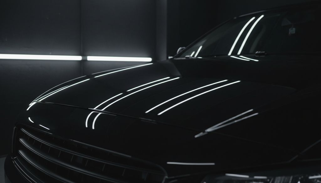 The same black bonnet after machine correction, the light bars reflecting as razor-sharp lines