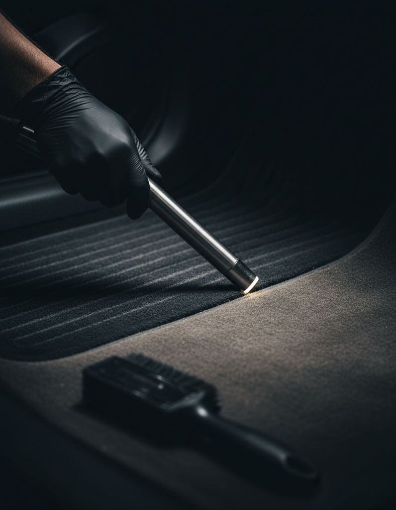 A wet-vacuum extraction head drawn across car carpet, clean pile behind it and dulled carpet ahead
