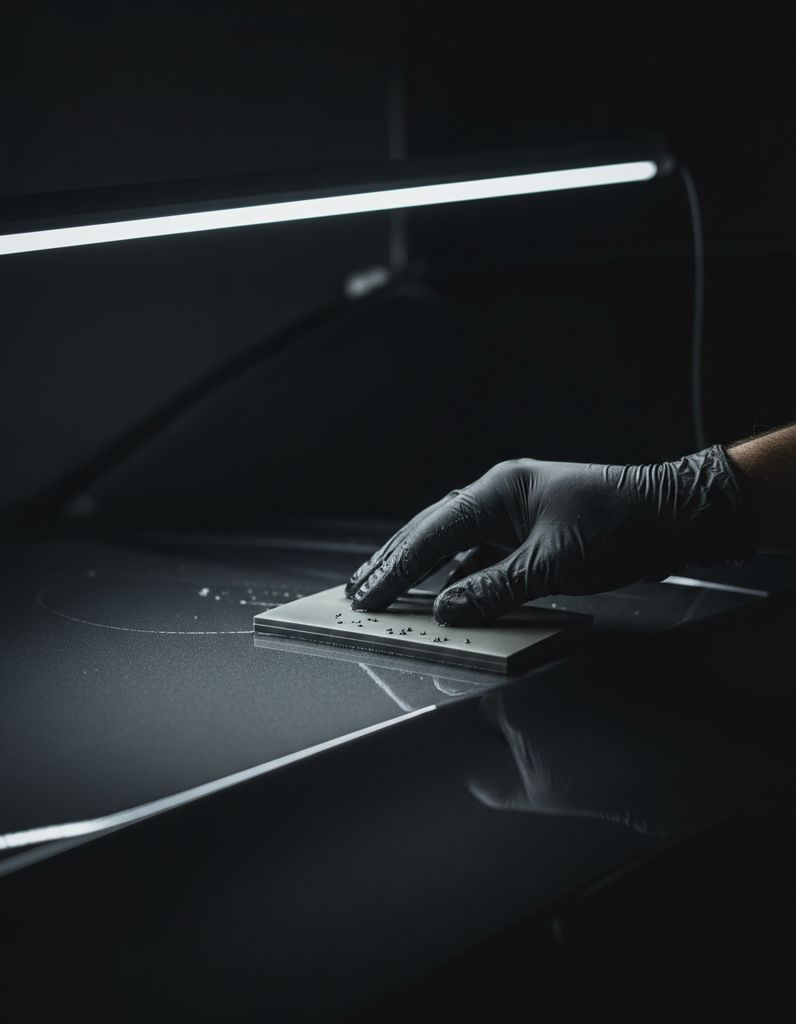 A clay bar drawn across a lubricated dark panel, lifting bonded contamination