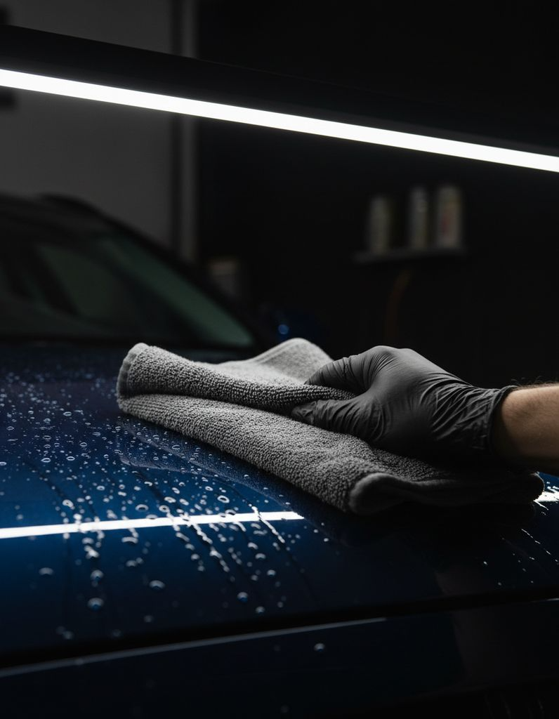 A plush microfibre drying towel drawn across a wet panel, leaving dry streak-free paint behind it